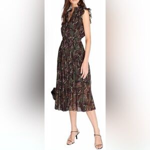 Club Monaco Printed Midi Dress | Ruffled Neckline | Size 6